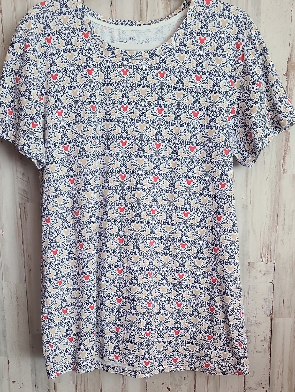 Disney Paris Women's Crew Neck Short-Sleeve Tee in Cream, Navy & Coral Motif